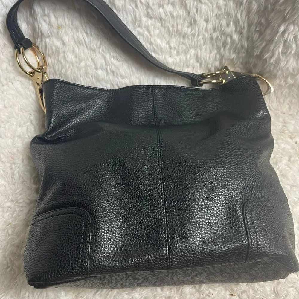 Dasein synthetic leather Black hobo shoulder bag with Bold gold tone hardwares